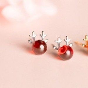 Small Ruby Red Nose Reindeer Studs Earrings-Solid 925 Silver -Silver Red EOS006